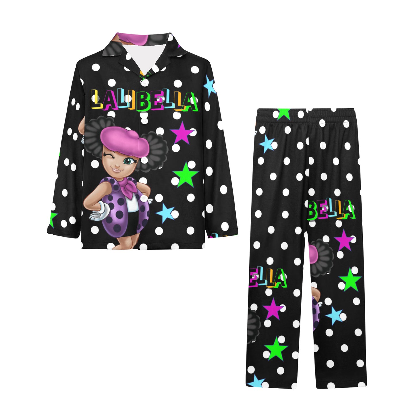 Lalibella Polk-a-dot Pajamas Big Girls' V-Neck Long Pajama Set